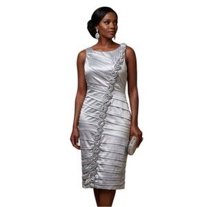 Signature By Sangria Silver Satin Pleated Cocktail Dress 4 Rosette MOB Black Tie